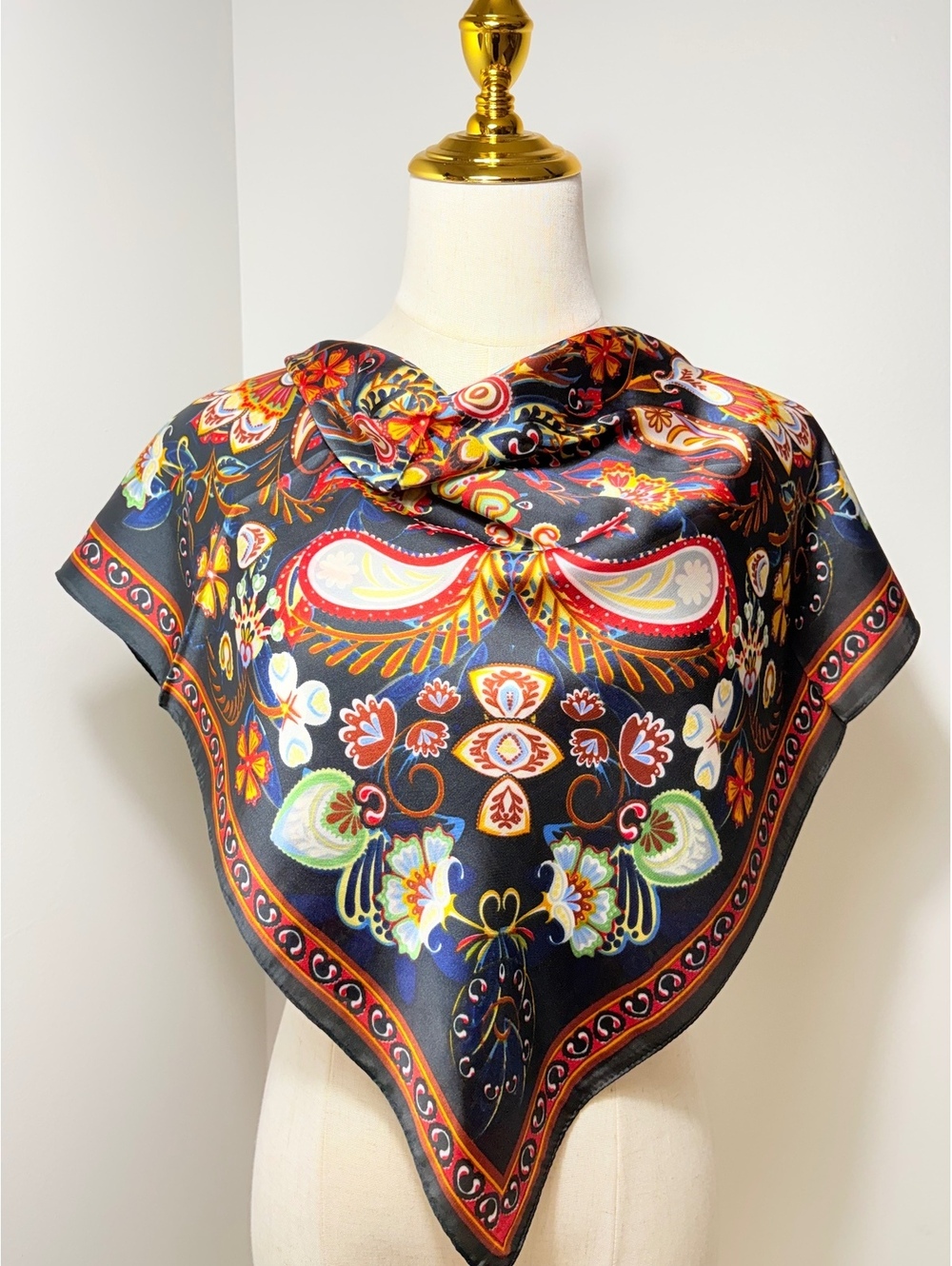 Elegant Floral and Paisley Satin Polyester Scarf – Large, Vibrant Multicolor on